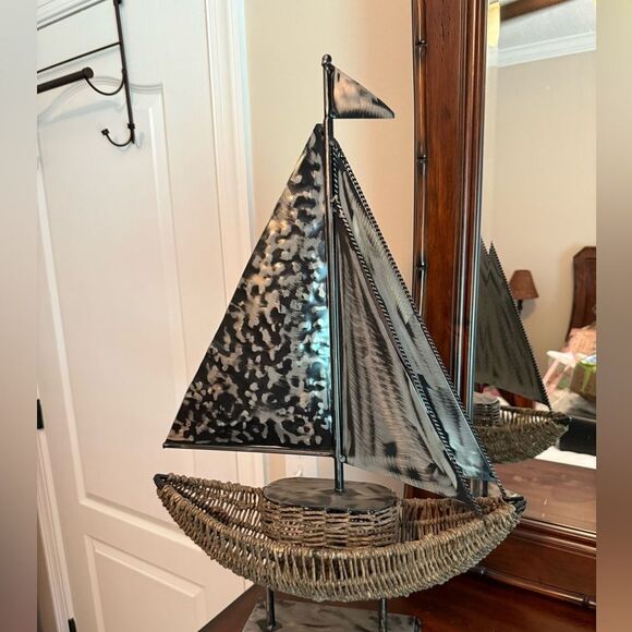 Other - Extra large Decorative Sailboat Metal and Rattan Basket Sculpture Collectible
